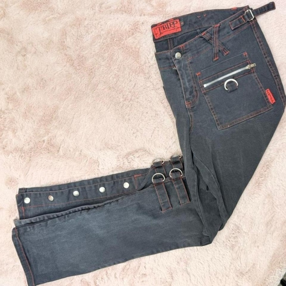 Tripp NYC Strap Cargo Pants Black Red Stitch Goth Rave Womens 14 Y2K